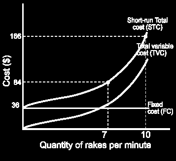 Fasta kostnader (FC) är oberoende av produktionsnivån. De rörliga kostnaderna (VC) stiger med ökad produktion. T ex pga. fler anställda som krävs för en ökad produktion. TC= FC+VC.