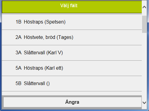 Öppnas en lista med dina fält det aktuella skördeåret. Observationen kan då kopplas till detta fält (kräver Näsgård MO- BILE Mark) 5. I Not rutan skriver du in kommentaren. 6.