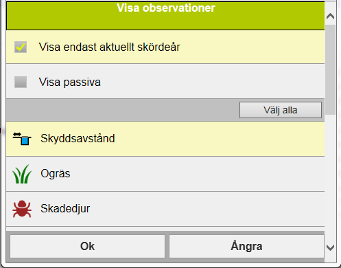 Klicka på Tratten () till höger på raden Visa observationer Om du tar bort bocken för Visa endast aktuellt skördeår () visas alla års observationer