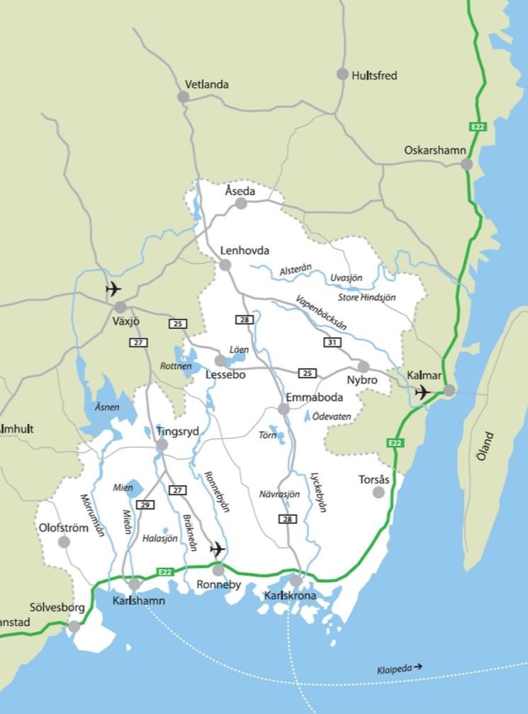 kommuner. Utvecklingsområdet sträcker sig därvid över tre län i sydöstra Sverige; Blekinge-, Kalmar- och Kronobergs län. Yta Vattenyta Några nyckeltal 8 080 km² 1 786 km² Befolkning 217 517 inv.