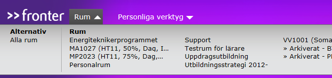 Välj rum Under Rum kan du se alla kurser du deltar i. Här kan du markera det rum du önskar gå till. Om inte rummet som du vill gå in i syns i det blå fältet måste du trycka på Alla rum.