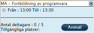 Klickar man på bokningen ser man hur många platser som är tillgängliga och i detta fall har ingen anmält sig än. För att anmäla sig klickar man på Anmäl.