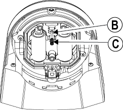 A. LED B. Registreringsknapp C. Sabotagekontakt Figur 5. TOWER-20 AM PG2 3.