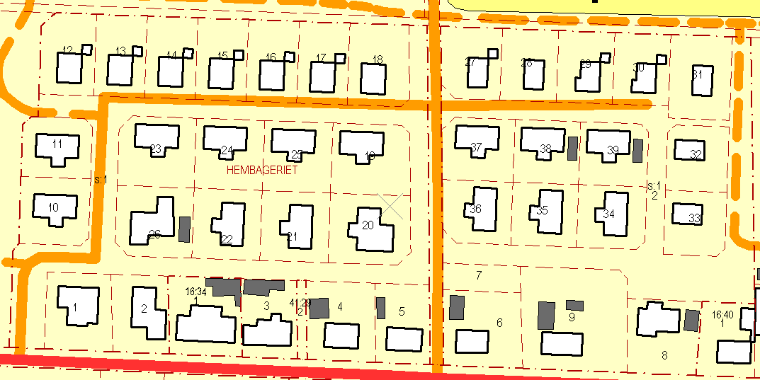 Figur 6.5. Kvarteret Hembageriet i Klagshamn, Malmö stad. En samfällighet i två skiften samt restfastigheten Malmö Klagshamn 41:29 är markerade.