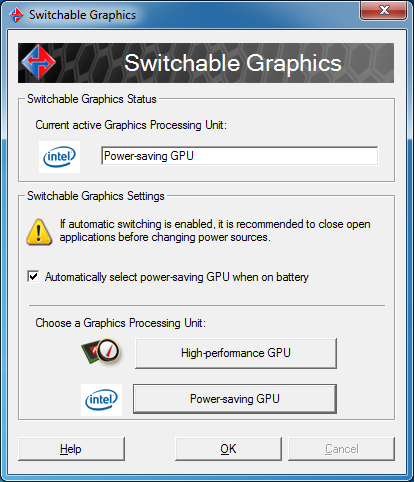 Switchable Graphics Technology Switchable Graphics Technology låter dig välja mellan den integrerade och den åtskilda graphics processing unit (GPU/ grafibehandlingsenhet) läget för att optimera