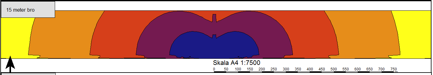 Figur 9. Tvärsnittskarta (grid noise cross section map) över maximal ljudnivå vid snabbtågspassage schablonberäkning 4m djup skärning med platt och mjuk mark utanför skärningen 4.3.2.