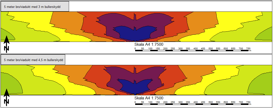 skillnad i var gränsen för Lmax 70 db(a) går. Jämfört med beräkningarna utan bullerskydd blir ljudnivåer allmänt ca 10 db(a) lägre med bullerskydd.