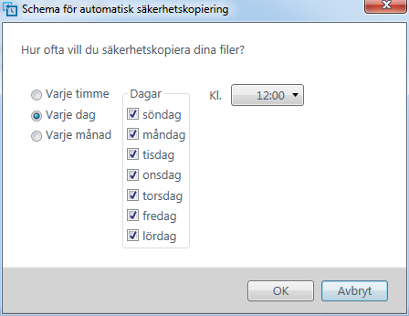 4. Välj det alternativ för schema för automatisk säkerhetskopiering som du vill använda på skärmen Schema för automatisk säkerhetskopiering: När du väljer Varje timme Varje dag Konfigurerar