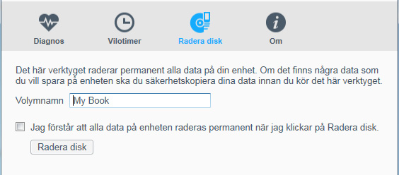 4. I dialogrutan diskradering: a. Om du vill ändra volymnamnet, skriv ett nytt namn i rutan Volymnamn. b. Läs förklaringen av dataförlust om du raderar disken.