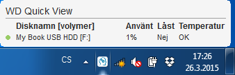 Kontrollera diskstatus För WD-diskar som stöds kan du se diskkapaciteten som används, få reda på om disken är låst genom att ställa pilen över ikonen WD Quick View i aktivitetsfältet i Windows: