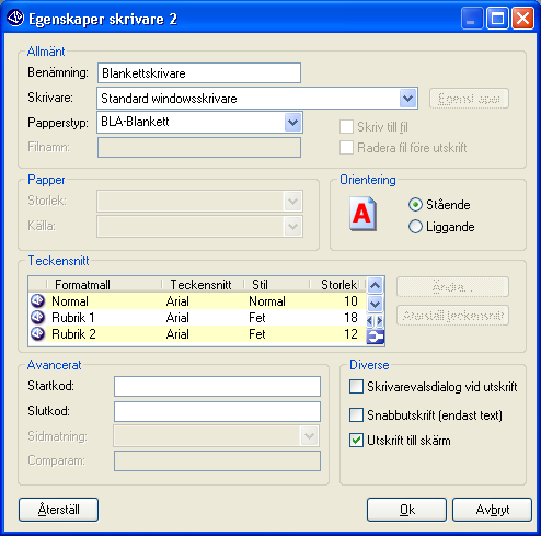 Rutin 841; egenskaper skrivare Ändra skrivare på arbetsplatsen, Fliken Inställningar. Exemplen avser skrivare 2. obs! Förändringar gäller bara för den arbetsplats som är markerad.