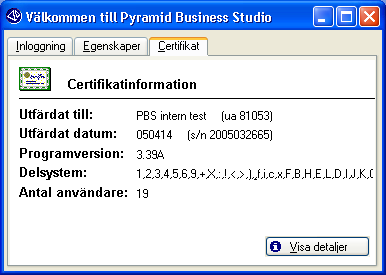 Fliken Certifikat Visar uppgifter om det certifikat som gäller för den aktuella installationen. Inloggning/licens Varje inloggning i PBS räknas in i det totala antalet användare.