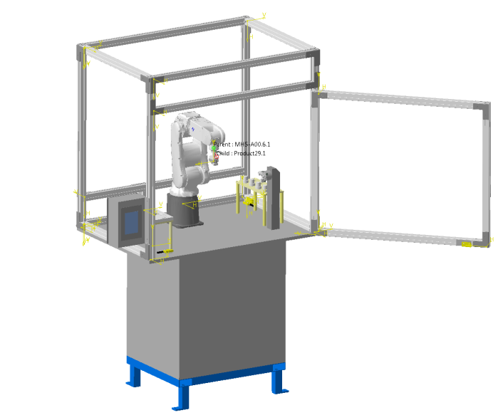 Figur: Figuren visar en CAD-modell av laborationsstationen som Användes i kursen. 6f. Robotstyrning (1p) I figuren visas en robotarm med två vridaxlar.