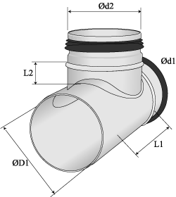 Grenrör HTKM Grenrör. Muff-Nippel Tee. For duct-fitting T-Stück. Für Rohr-Formstück HTKM-ØD1/Ød1-Ød2 Förzinkad stålplåt Z275. Korrosivitetsklass C2. Andra material på begäran.