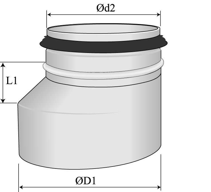 Reduktioner HFBM Excentrisk byggd reduktion. Muff - Nippel Reducer, long. For duct - fitting Reduzierung, lang. Für Rohr - Formstück HFBM-Ød1-Ød2 Förzinkad stålplåt Z275. Korrosivitetsklass C2.