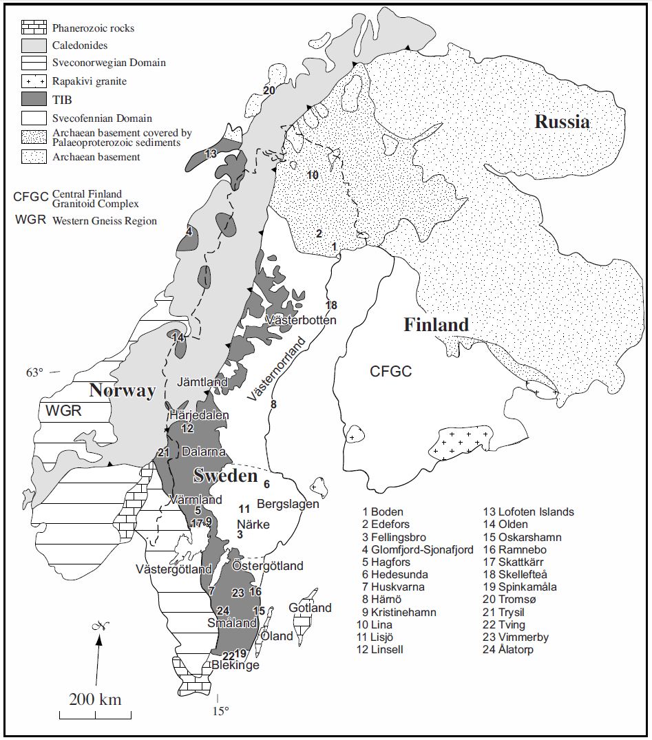 Sydvästskandinaviska provinsen är yngre och inte relevant för syftet med detta arbete och kommer därför inte att behandlas vidare. Figur 2. Geologisk karta över Skandinavien.