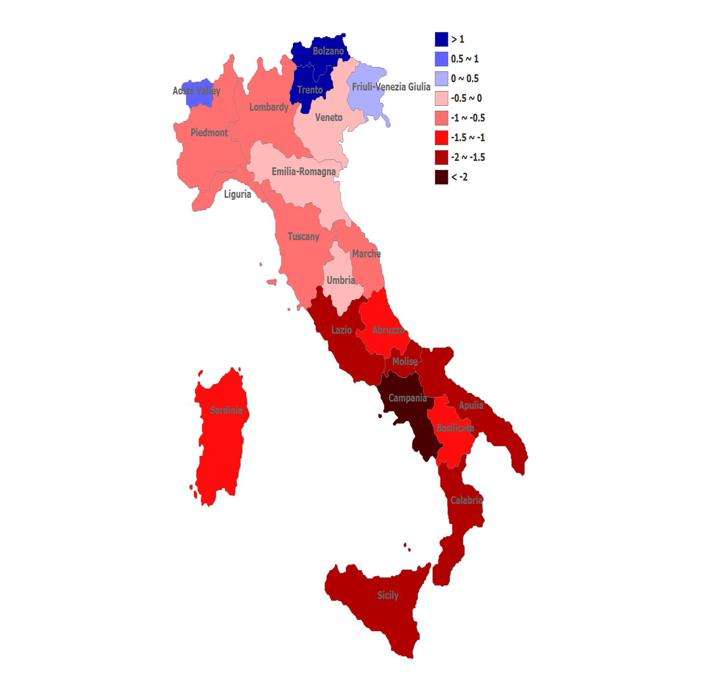 Variation i italienska regioner Bolzano, Trento, Aosta- Valley bland de bästa regionerna i Europa - statistiskt lika med den genomsnittliga tyska eller