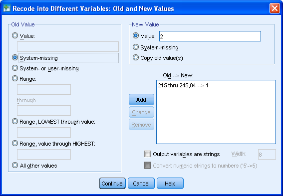 11 Tryck in variabeln som du vill koda om (Vinglängd) i rutan Numeric Variable -> Output Variable. Skriv in ett namn på den nya omkodade variabeln under Output Variable (VLgrupp).