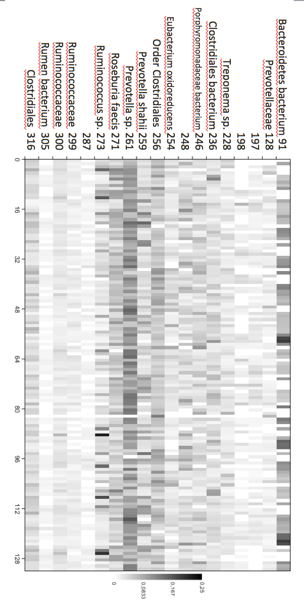 Bilaga 2 Bilden visar en heatmap över de T-RFLP profiler som detekterades inom intervallet 50-617 baspar och som förekom i mer än 50 % i träckproverna.