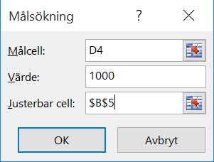 PROBLEMLÖSNING MED EXCEL I nästa uppgift skall vi använda oss av funktionen Målsökning för att ta reda på till vilken ränta vi skulle behöva få lånet om vi betalar 1000/månad och ändå vill ha betalt