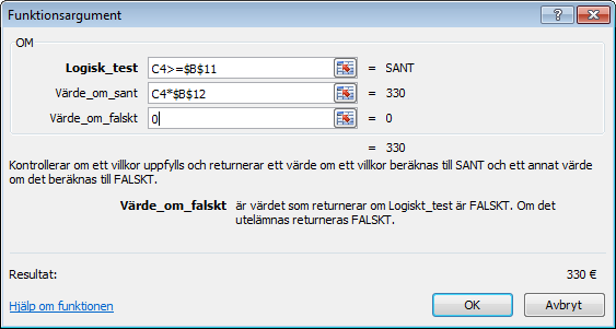 Om funktionen aktivers som är uppbyggd enligt modellen: [=OM(Logiskt test; värde om sant; värde om sant)], det går naturligt vis att lägga in fler OM villkor i villkoret, vi tittar på det lite senare.