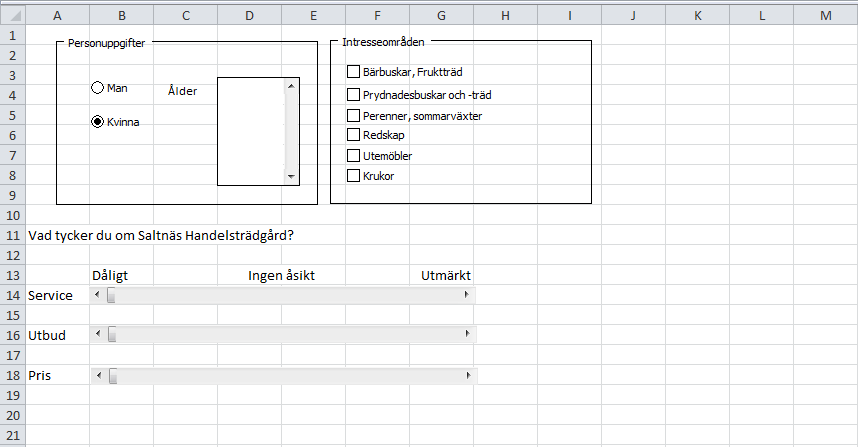 F O R M U L Ä R F U N K T I O NE R Man kan skapa många typer av formulär med Excel och användningsområdet är väldigt brett, tex formulär för beställningar, fakturor m.m. du använder dej av kontrollerna som du hittar i fliken Utvecklare som aktvieras under Alternativ och Anpassa menyfliksområdet.