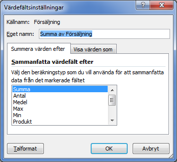 Testa vad som händer om du dubbelklickar i cellen B3 som innehåller Summan av Försäljningen: Observera att här kan du med ett enkelt klick ändra Summan till t.ex.