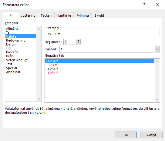 VALUTAFORMAT Området I:4 till L:16 är formaterat med standard Valutaformatering. Som standard kommer valutaformateringen att antingen vara eller kr. Hur kan det komma sig att det kan vara olika.