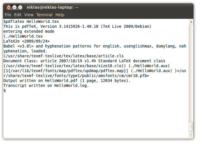 Kommandot pdflatex HelloWorld.tex skapar filen HelloWorld.pdf. Att kompileringen genomfördes med ett lyckat resultat ser vi genom utskriften nedan.