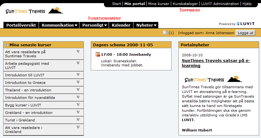 4. Portalöversikt När du loggat in hamnar du på det första menyvalet i funktionsmenyn. Portalöversikten kan se olika ut beroende på vilka paneler systemets administratörer valt att visa.