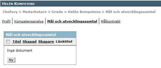 I Nuläge panelen, visas medarbetaren nuvarande kompetenser, samt i grönt, den uppnådda kompetensnivån. Dubbelstrecket visar den förväntade kompetensnivån.