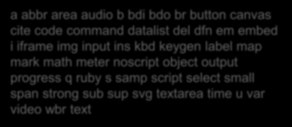 HTML5 Metadata content Flow content Sectioning content Heading content Phrasing content Embedded content Interactive content Dokumentets text. Kan oftast bara innehålla andra phrasing content objekt.