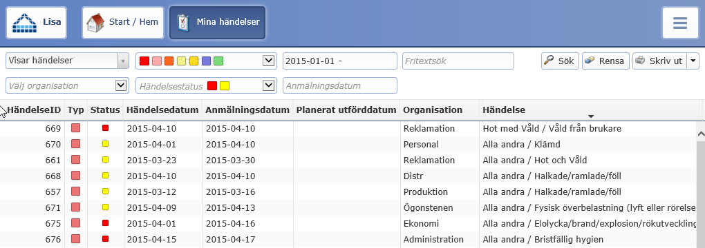 Mina händelser - Händelseöversikten Om man på startbilden väljer att klicka på knappen Mina händelser, eller klickar på någon av länkarna under Att hantera, så kommer man till en översikt över