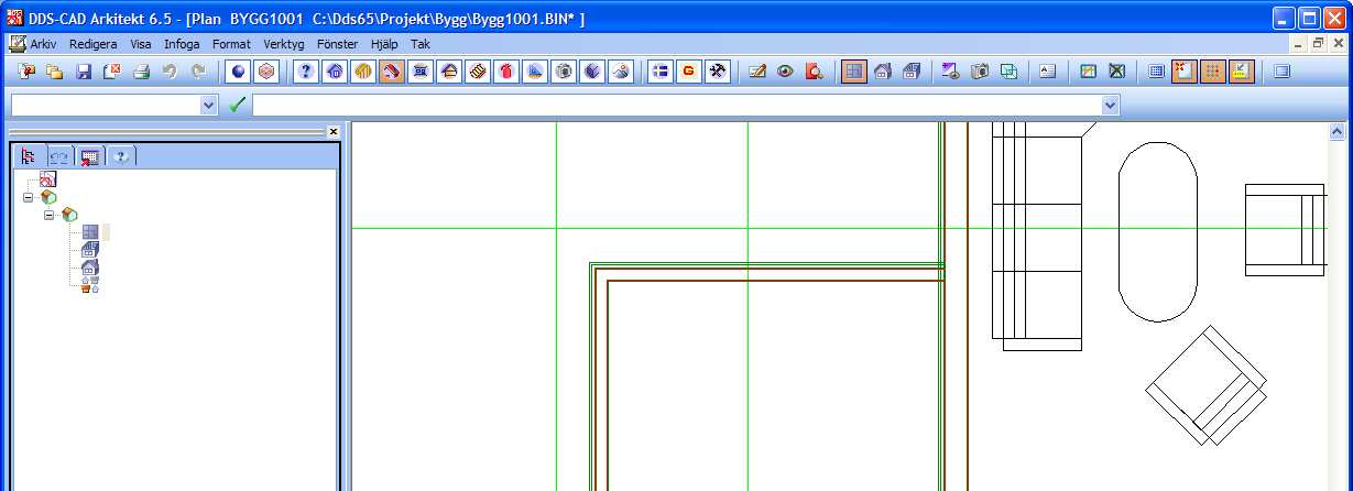 13.05.2009 Kapitel 16... 17 DDS-CAD Arkitekt 6.5 Redigering Välj Upprepa sista hjälpgeometri. Peka på utsidan av väggen och klicka fast linjen med vänster musknapp.