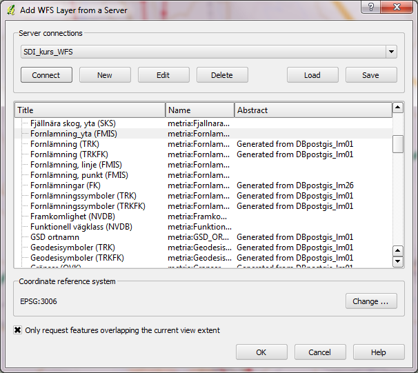 3. Lägg till de WFS-skikt som behövs för analyserna. Fornlamning_yta (FMIS) Fornlamning, punkt (FMIS) Kraftledningar (OVK) a. Anslut till SDI_kurs_WFS som du skapade i förra steget.