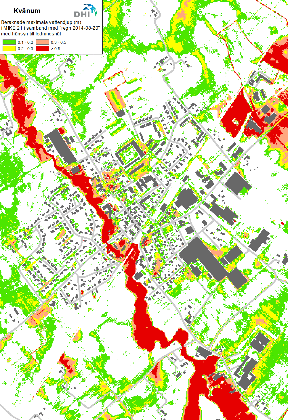 Resultat Figur 3-2 Beräknade maximala översvämningsdjup i Kvänum den 20 augusti 2014 (avser beräkning med hänsyn