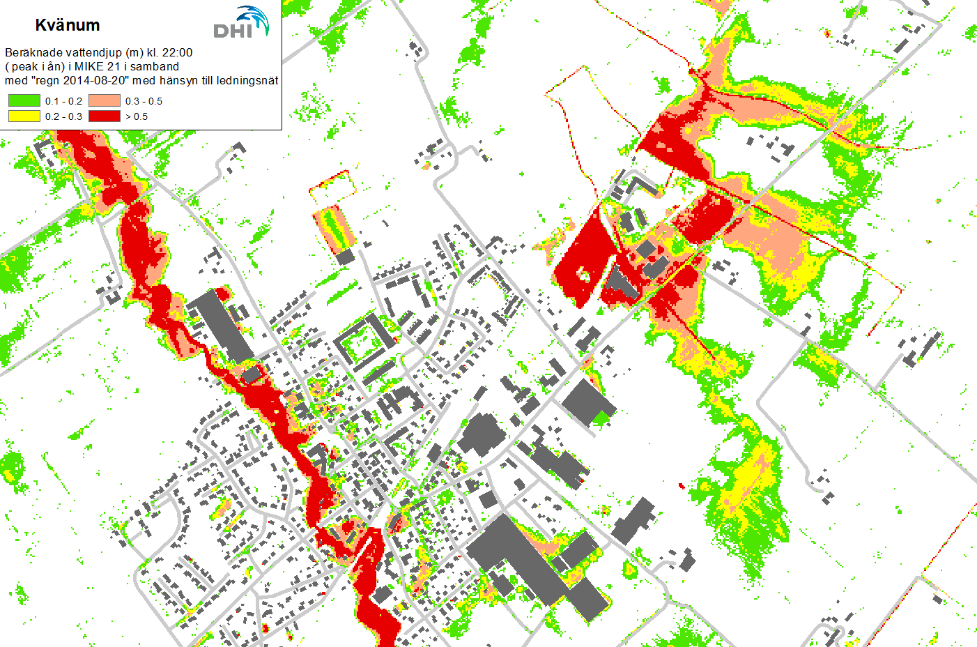 Figur 3-3 Beräknat översvämningsdjup i Kvänum den 20 augusti 2014 kl.10, ca 3 timmar efter skyfallet (avser beräkning med hänsyn till ledningsnätets kapacitet).