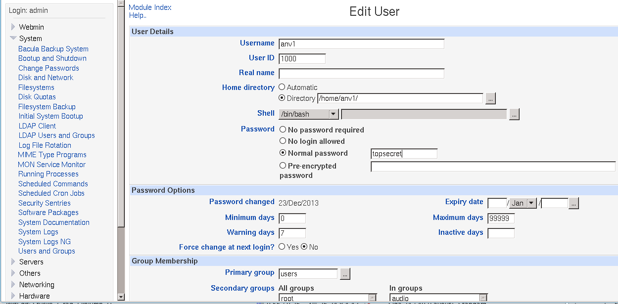 Administrera användare med Webmin forts.