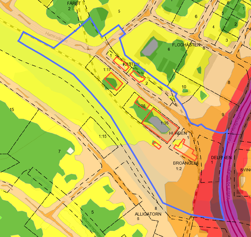 Planbeskrivning Gästhamnsområdet - Samrådshandling Karta: 2007 års bullervärden för väg- och tågtrafik ekvivalentnivå dba, planområdet är markerat i blått och byggnadsfasaderna i rött.