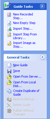 Guide Tasks New Recorded Step Spela in nytt steg New Emty Step Nytt tomt steg Import Step Importera steg från annan guide Import Step From Library Importera steg som sparats i bibliotek Import Image