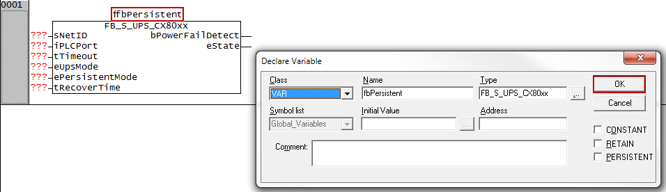 I programexemplet är Main programmet skapat i Strukturerad Text och programdelen med Persistent data funktionsblock är skapat i Funktions Blocks Diagram editorn.