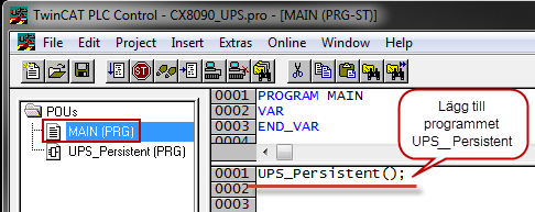 Beskrivning på utgångspinnar till funktionsblocket FB_S_UPS_CX80xx Var Output Typ Beskrivning bpowerfaildetect BOOL Denna bit är till då spänningsbortfall detekteras estate E_S_UPS_State