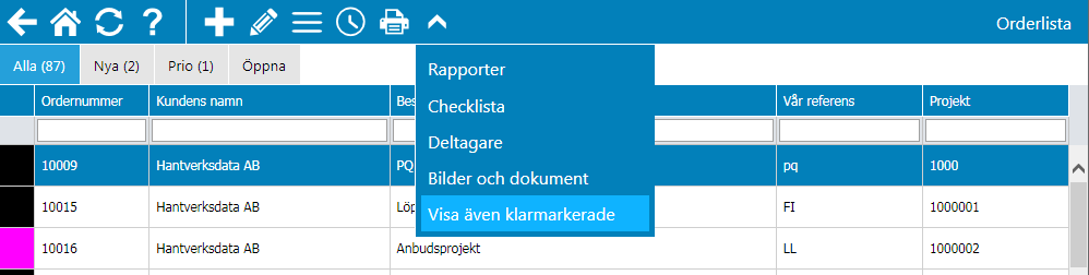 Öppna order Under fliken Öppna i orderlistan visas alla de order som inte tilldelats någon ansvarig. Dessa order är möjliga för vem som helst att ta och därmed sätta sig själv som huvudansvarig.