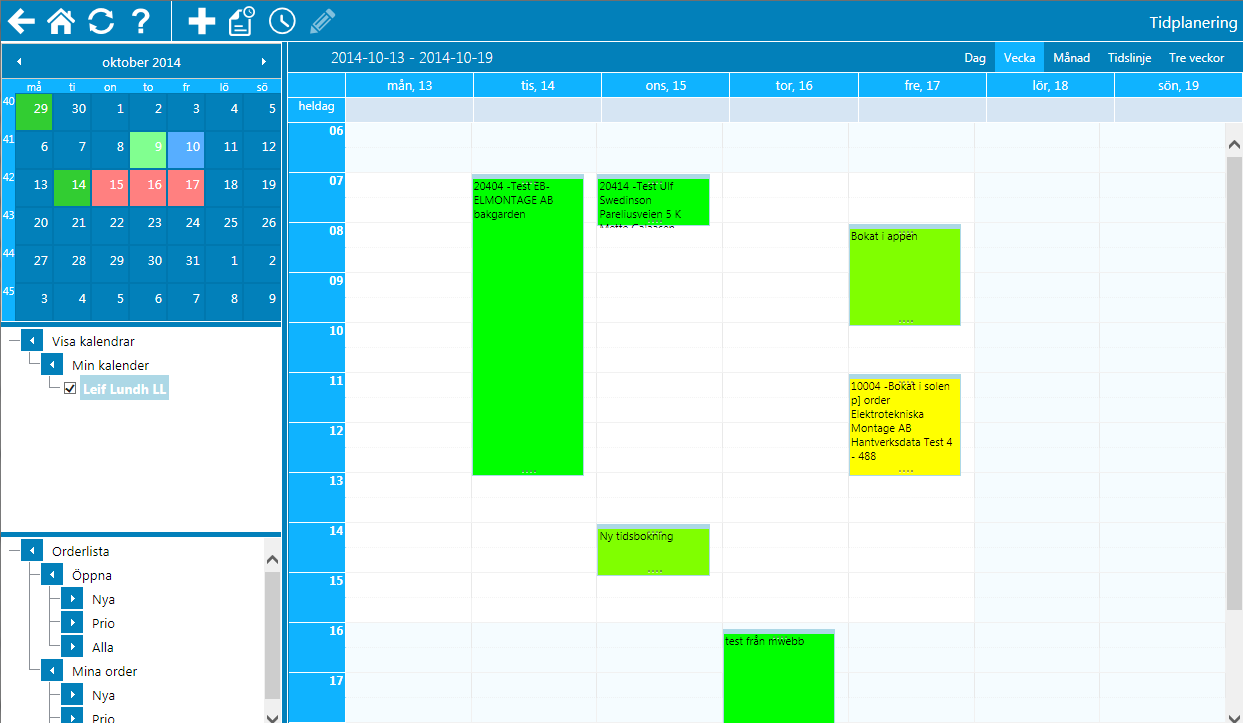 Tidplanering Med tidplaneringen kan du schemalägga dina aktiviteter. Detta kan vara order som skall utföras eller andra planeringar såsom semester eller sjukdom.