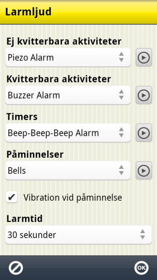 Valbart larm Man kan välja larmet per aktivitet, om och hur den ska larma.