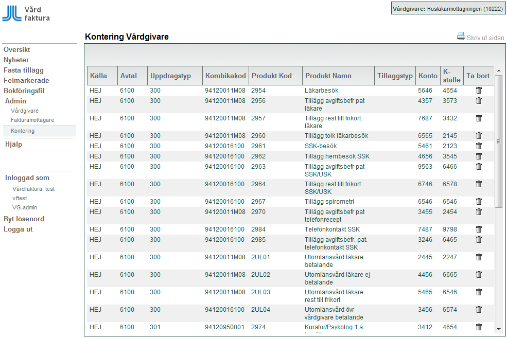 9 (11) Admin Kontering Skapade konteringar lagras i Vårdfaktura under Admin Kontering.