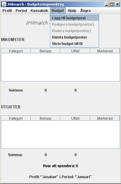 och två tabeller. Detta är huvudfönstret och så länge applikationen är igång syns också detta fönstret. När huvudfönstret stängs så stängs hela programmet.