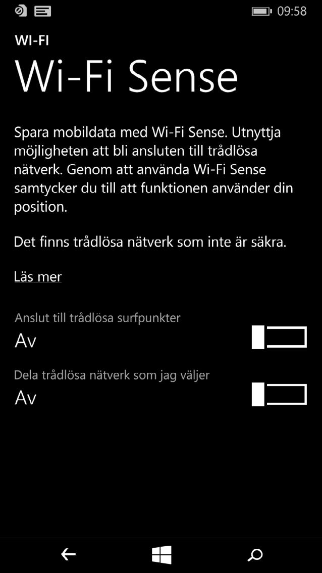 Inställningar för din telefon: Windows Phone 4 Stäng av det trådlösa nätverket Under nätverk + trådlöst kan du klicka på Trådlöst nätverk.