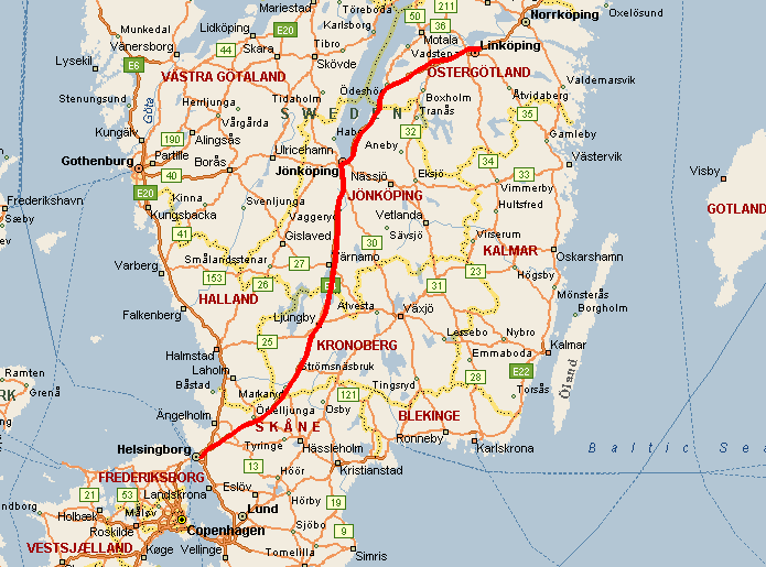 Figur 20. Fjärrtransporter Helsingborg-Linköping (Karta från Microsoft Autoroute) 4.6.