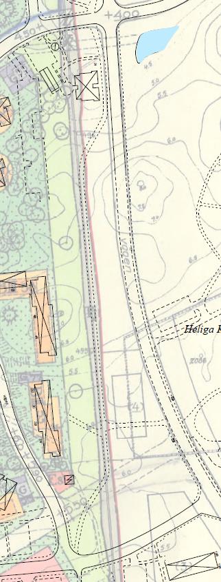Figur 3. Underlag/karta från Kommunledningskontoret som visar undersökningsområdet Oxhagen 2:1 inom rödmarkerad linje, samt sträckning på gc-väg (grönstreckad linje) f.d. järnvägsspår (gråstreckad linje).